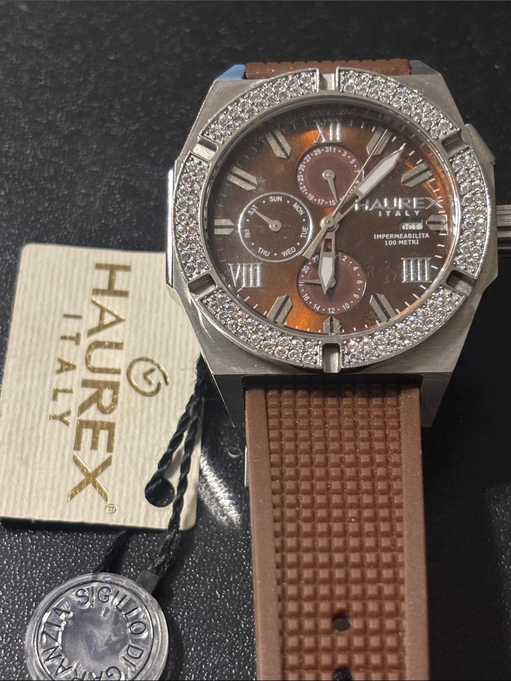 Men's Haurex Italy Challenger NOT Working Dial Watch Brown Strap Crystal Bezel